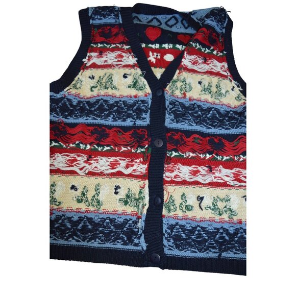 Vintage 90s Eagle's Eye Knit Sweater Vest Teacher Core Blue Red Hearts Size M - Picture 9 of 11